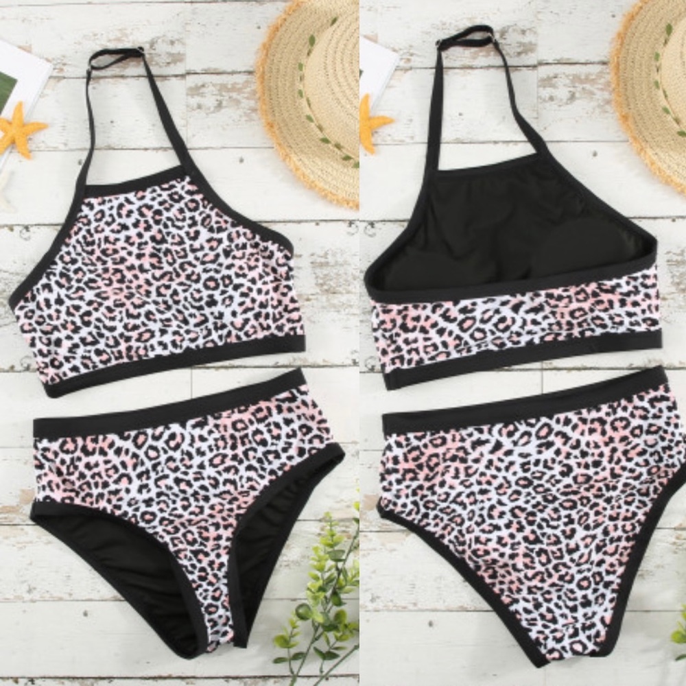 Leopard Print Sleeveless Halter Neck High Waisted Bikini Swimwear